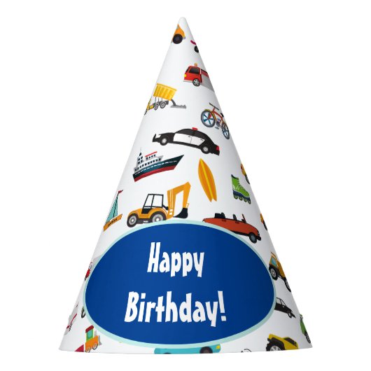 Little Boy Cars Vehicle Pattern Kind Happy Birthda Feesthoedjes (Voorkant)