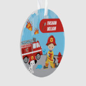 Little Boy Cartoon Fireman met foto met kerstmis Ornament (voorkant)
