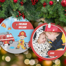 Little Boy Cartoon Fireman met foto met kerstmis Ornament