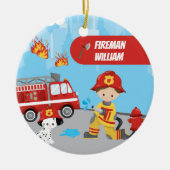 Little Boy Cartoon Fireman met naam Kerstmis Keramisch Ornament (Voorkant)