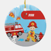 Little Boy Cartoon Fireman met naam Kerstmis Keramisch Ornament (Achterkant)