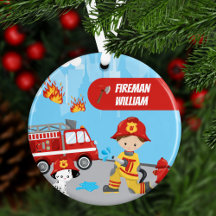 Little Boy Cartoon Fireman met naam Kerstmis