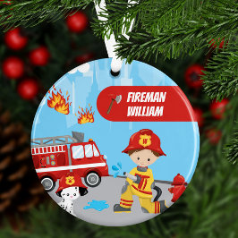 Little Boy Cartoon Fireman met naam Kerstmis Ornament