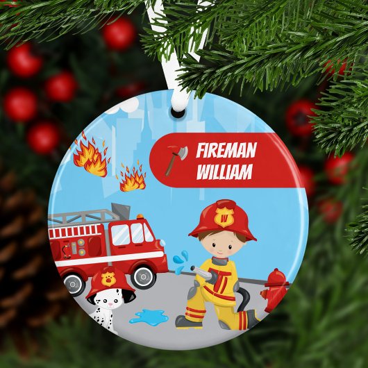 Little Boy Cartoon Fireman met naam Kerstmis Ornament