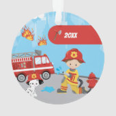Little Boy Cartoon Fireman met naam Kerstmis Ornament (achterkant)