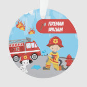 Little Boy Cartoon Fireman met naam Kerstmis Ornament (voorkant)