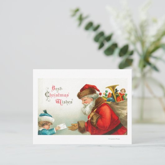 Little Boy die Kerstman een Brief geven Feestdagenkaart (Staand voorkant)