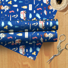 Little Boy Doctor Medical Pattern met Name, Blue Cadeaupapier