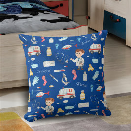 Little Boy Doctor Medical Pattern met Name, Blue Kussen