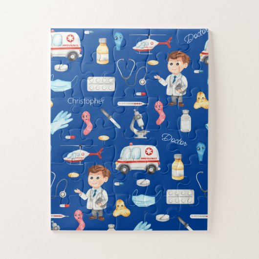 Little Boy Doctor Medical Pattern met Name, Blue Legpuzzel (Verticaal)
