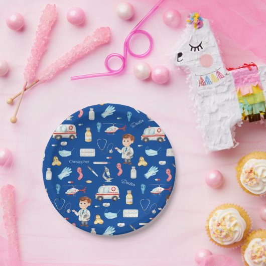 Little Boy Doctor Medical Pattern met Name, Blue Papieren Bordje (Feest)