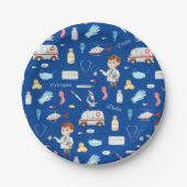 Little Boy Doctor Medical Pattern met Name, Blue Papieren Bordje (Voorkant)