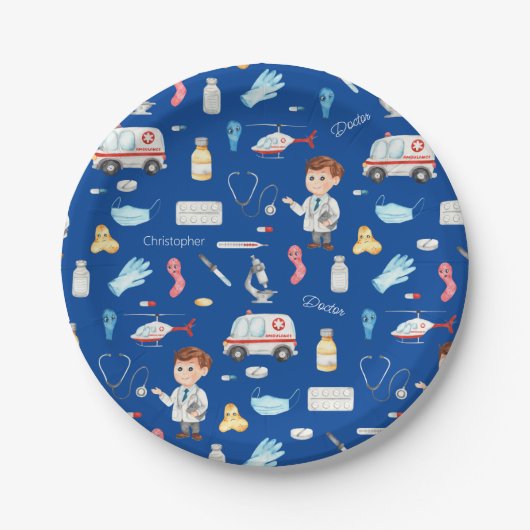 Little Boy Doctor Medical Pattern met Name, Blue Papieren Bordje (Voorkant)