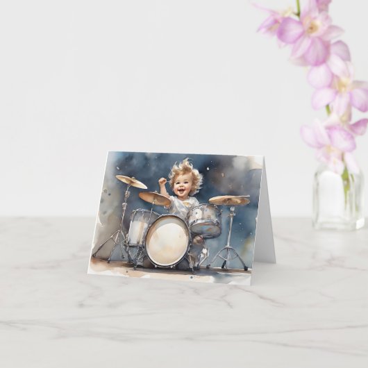 Little Boy Drummer Waterverf Illustratie Blank Kaart (Orchidee)