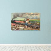 Little Boy Dumping Money in Train Canvas Afdruk (Insitu (Houten vloer))