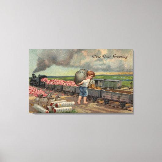 Little Boy Dumping Money in Train Canvas Afdruk (Voorkant)