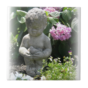 Little Boy en Bird Garden Statue Tegeltje