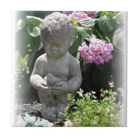 Little Boy en Bird Garden Statue Tegeltje (Voorkant)