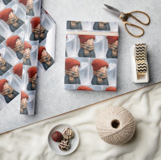 Little Boy Exhaling a Frosty Heart Cadeaupapier (Crafts)