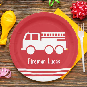 Little Boy Fire Truck met Name Red en White Papieren Bordje