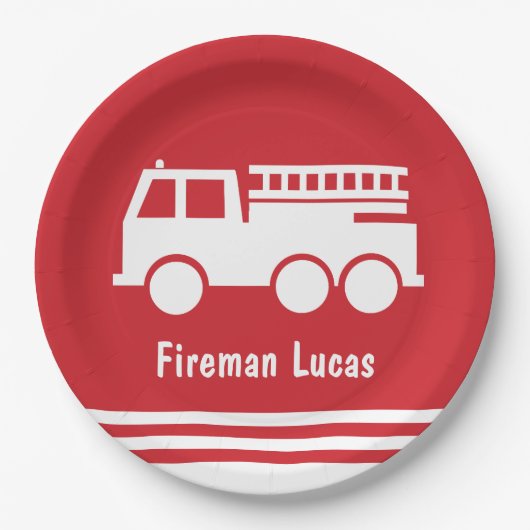 Little Boy Fire Truck met Name Red en White Papieren Bordje (Voorkant)