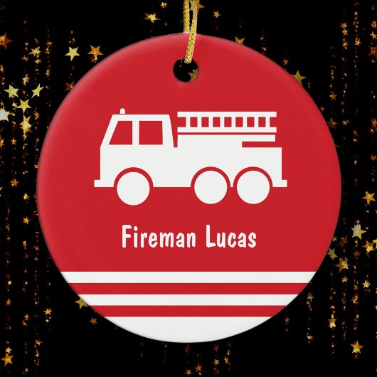 Little Boy Fire Truck Red en White Kerstmis Keramisch Ornament