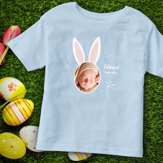 Little Boy Foto met Bunny Ears en Name Easter Kinder Shirts