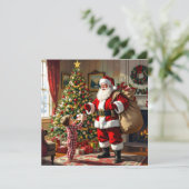 Little Boy Giving Santa a Gift Christmas Feestdagenkaart (Staand voorkant)