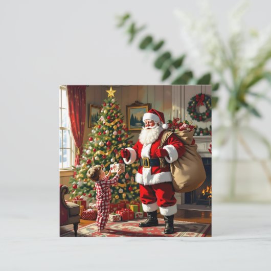 Little Boy Giving Santa a Gift Christmas Feestdagenkaart (Staand voorkant)