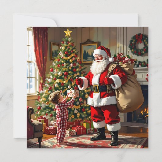 Little Boy Giving Santa a Gift Christmas Feestdagenkaart (Voorkant)