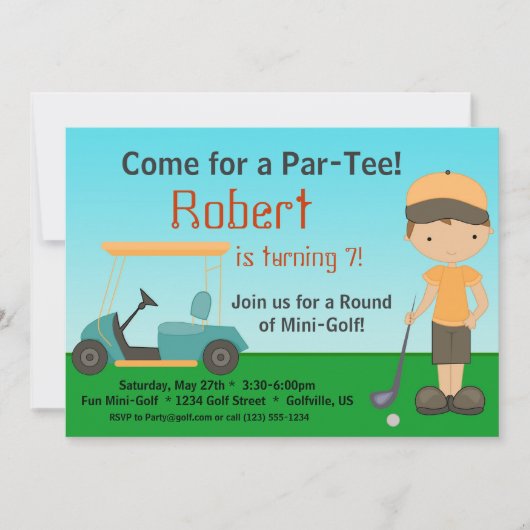 Little Boy Golfer Birthday Party Invitation Kaart (Voorkant)