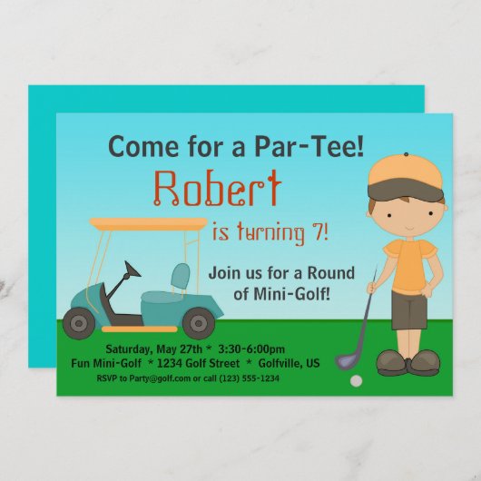 Little Boy Golfer Birthday Party Invitation Kaart (Voorkant / Achterkant)