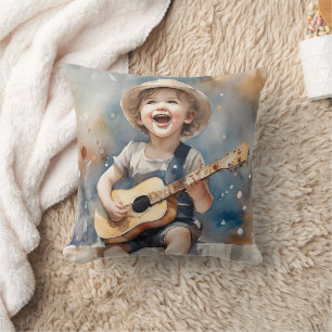 Little Boy Guitar Singing Waterverf Kussen