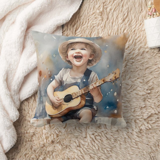 Little Boy Guitar Singing Waterverf Kussen (Deken)