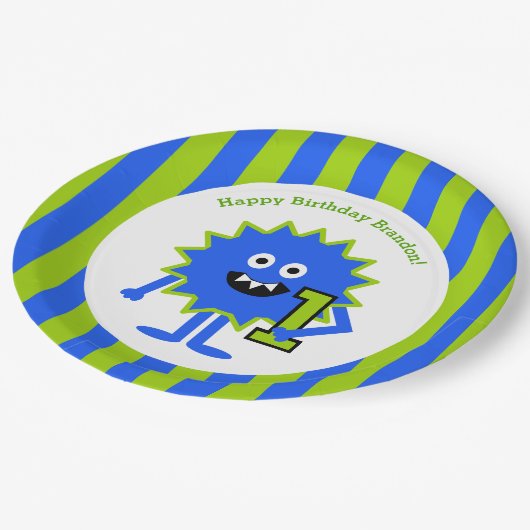 Little Boy Monster 1st Birthday Blue Green Stripes Papieren Bordje (Gekanteld)
