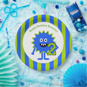 Little Boy Monster 2e Birthday Blue Green Stripes Papieren Bordje