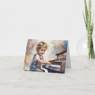 Little Boy Piano Waterverf Illustratie Blank Kaart