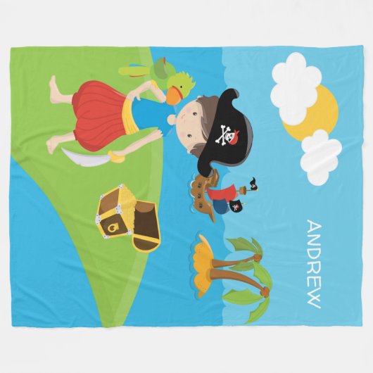 Little Boy Pirate met Treasure and Parrot Fleece Deken (Voorkant (Horizontaal))
