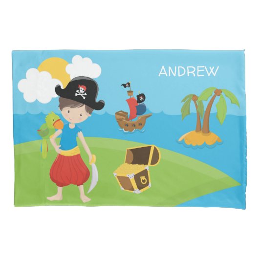 Little Boy Pirate met Treasure and Parrot Kussensloop (Voorkant)