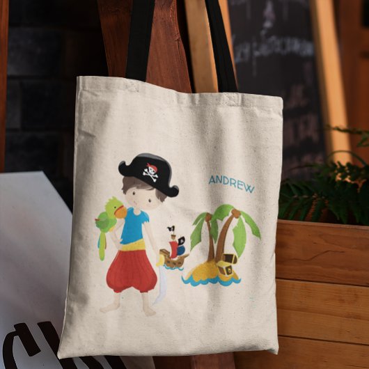 Little Boy Pirate met Treasure and Parrot Tote Bag