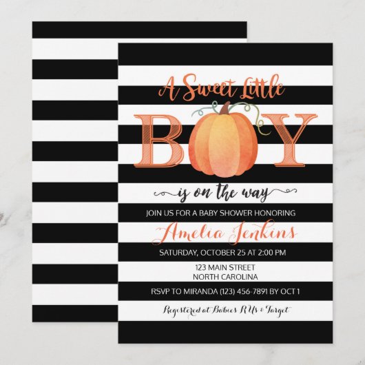 Little Boy Pumpkin Herfst Baby shower Invitation Kaart (Voorkant / Achterkant)