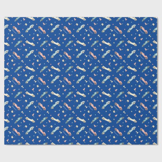 Little Boy Racing Car Waterverf Pattern on Blue Cadeaupapier (Vlak)