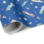 Little Boy Racing Car Waterverf Pattern on Blue Cadeaupapier (Rol Hoek)
