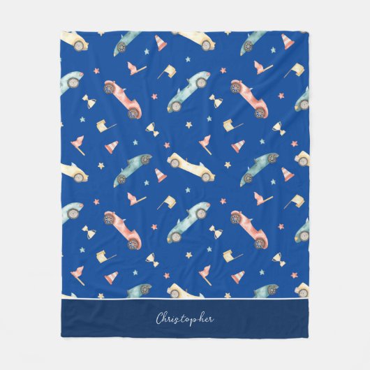Little Boy Racing Car Waterverf Pattern on Blue Fleece Deken (Voorkant)