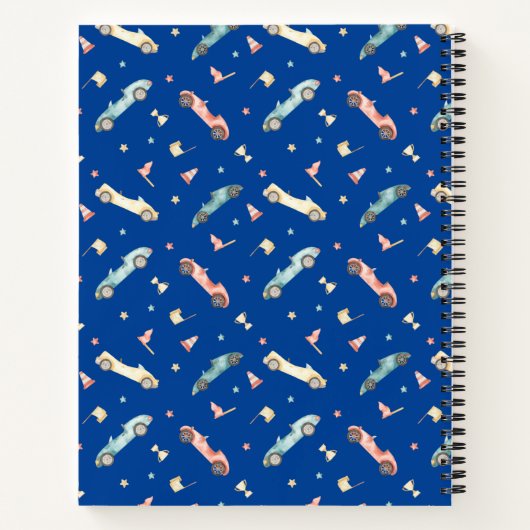 Little Boy Racing Car Waterverf Pattern on Blue Notitieboek (Achterkant)