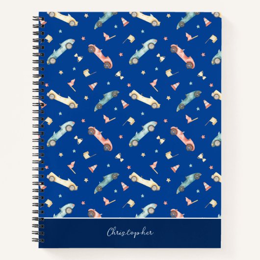 Little Boy Racing Car Waterverf Pattern on Blue Notitieboek (Voorkant)