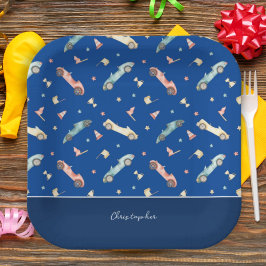 Little Boy Racing Car Waterverf Pattern on Blue Papieren Bordje