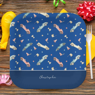 Little Boy Racing Car Waterverf Pattern on Blue Papieren Bordje