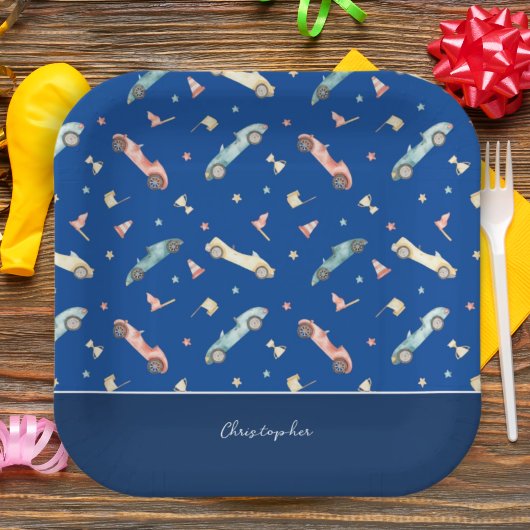 Little Boy Racing Car Waterverf Pattern on Blue Papieren Bordje