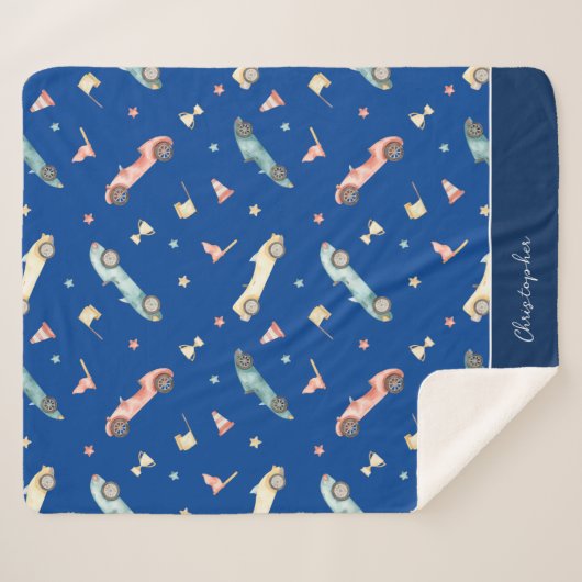 Little Boy Racing Car Waterverf Pattern on Blue Sherpa Deken (Voorkant (horizontaal))